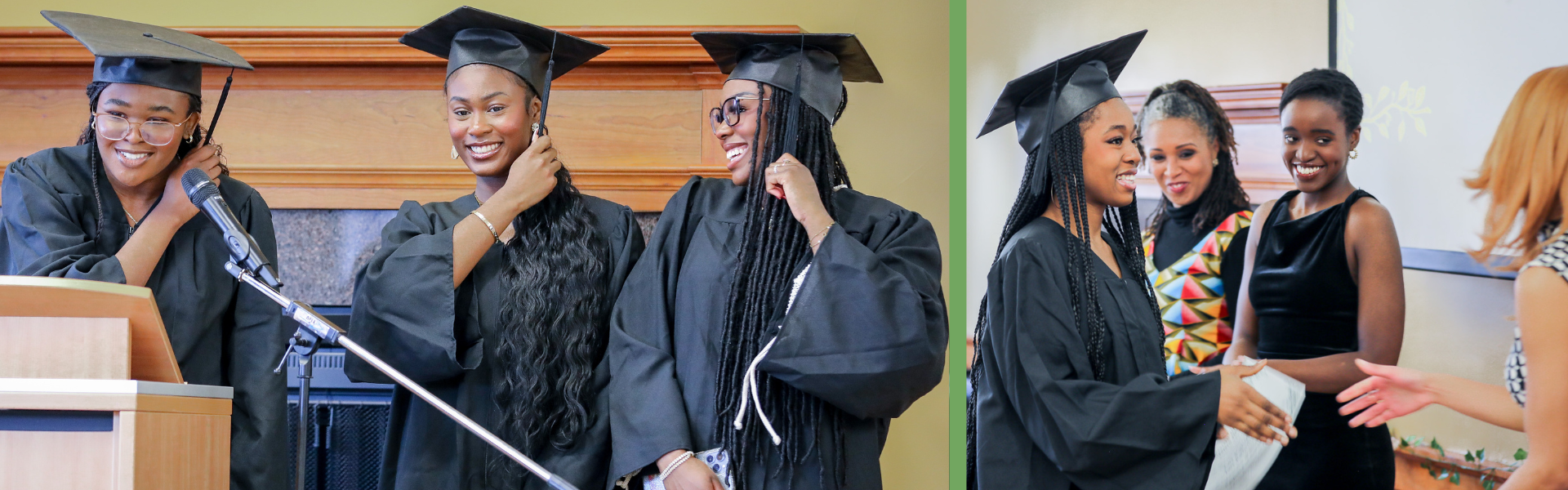 Two Black, female graduates standing at a podium smiling