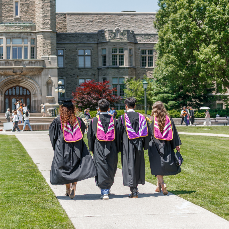 A group of graduates in academic regalia walking towards Univeristy College