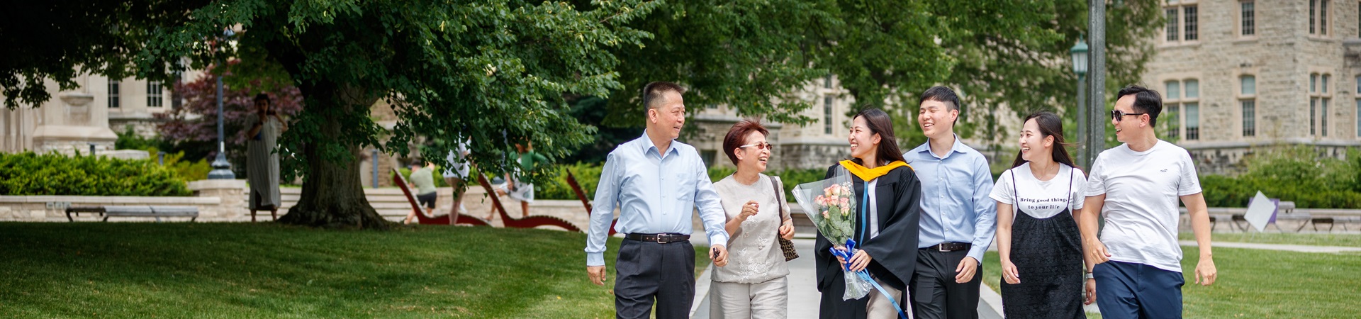 Happy guests walking