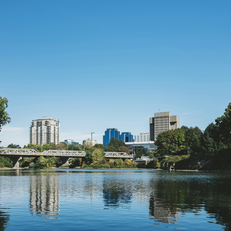 The downtown skyline of London Ontario on a sunny day