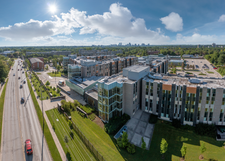 An aerial image of Ontario Hall on a sunny day