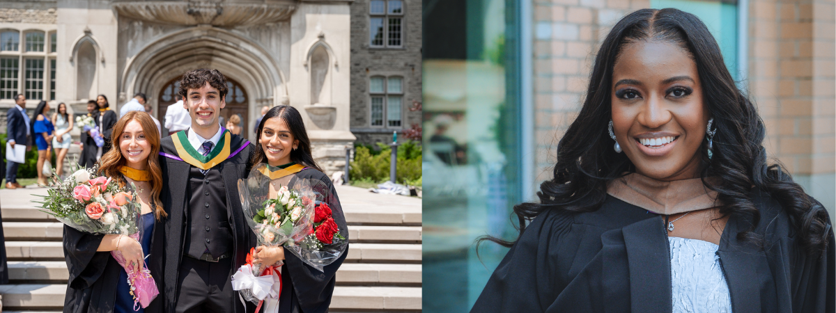 Photos of students in brown and green regalia hoods