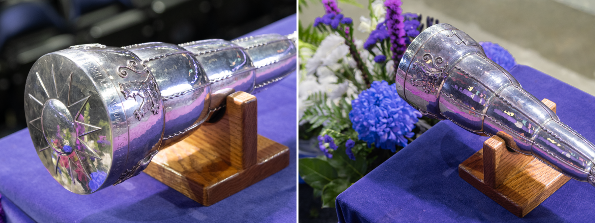 A collage of two photos of Western's Mace