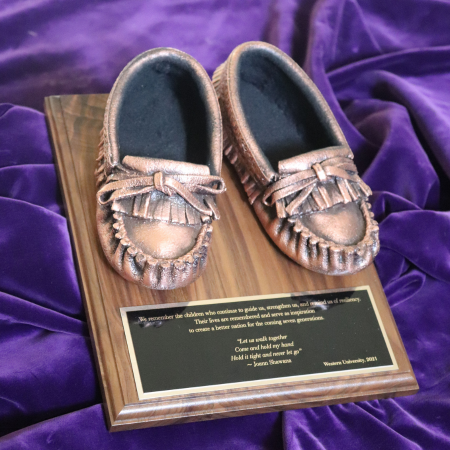 A close up photo of the bronzed mocassins